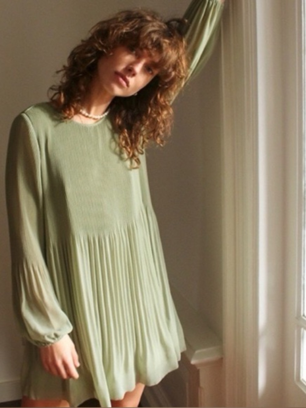 Aritzia Pleated Long Sleeve Shift Dress in Sage Green